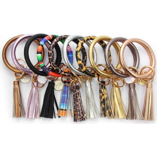 Tassel Large O Key Ring Bangles Faux Leather Bracelet Leopard Keychain for Car