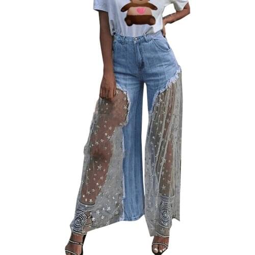 Patchwork Mesh Denim Pants Women Wide Leg Long Jeans Personalised Pentagram Star Printing Tassel Jeans Hight Street