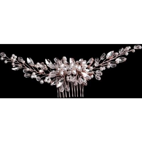 GETNOIVAS Elegant Hair Pin Handmade Women Pearl Rose Gold Color Hair Comb Bridal Wedding Headband Headpeice Hair Accessories SL