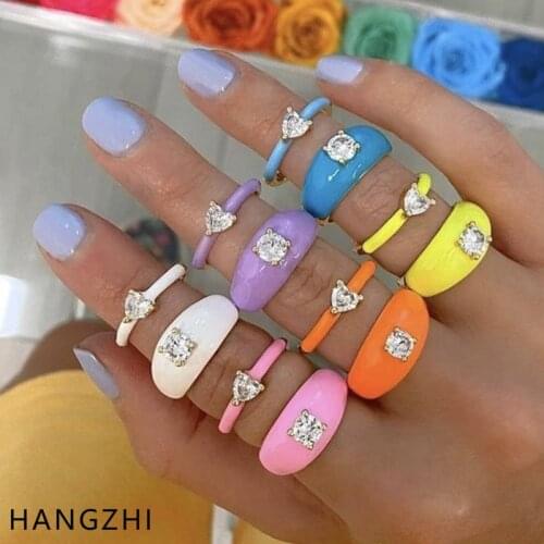 HANGZHI 2021 INES New Drop Heart Love Zircon Color Drip Glaze Enamel Golden Open Ring for Women Girls Party Fashion Gift Jewelry