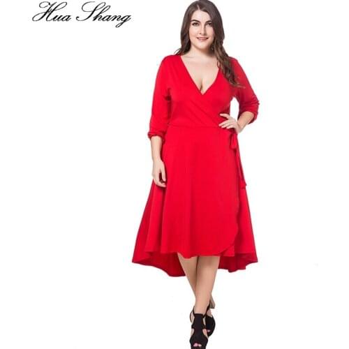 Hua Shang Autumn Fashion Women Summer Deep V Neck Long Sleeve Casual Long Dress A Line Red Party Dress Irregular Maxi Wrap Dress