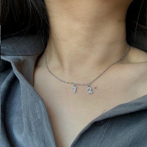 Customize DIY Digital Number 0123456789 Choker Charm Necklace Shinning Micro Pave CZ Pendant Steel Chain Necklace Collar Jewelry