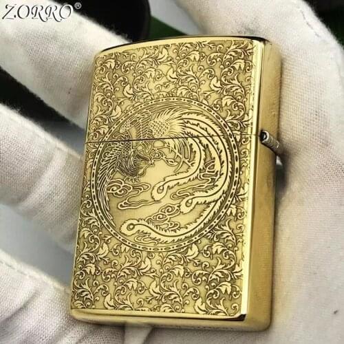 Pure Copper Kerosene Lighter Original ZORRO Fine Carving Classic Lucky Pattern Gasoline Lighter Outside Tool Men Gift