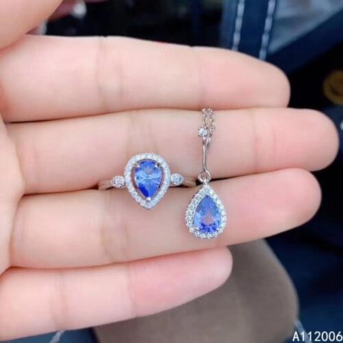 KJJEAXCMY Fine Jewelry 925 Sterling Silver Inlaid Natural Tanzanite Gemstone luxury Ring Necklace Pendant Set Support test
