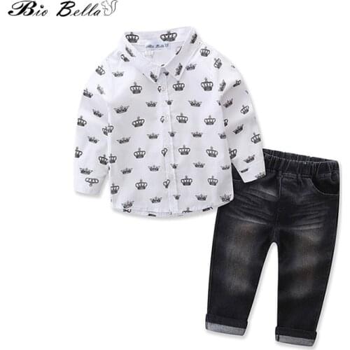 Gentleman Kids Clothes Sets Crown Printed Long Sleeve Shirt+Black Jean 2pcs/set Boys Clothing Spring Autumn Children Suit