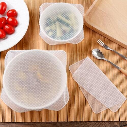 4pcs Multifunctional Reusable Plastic Wrap Silicone Cover Stretch Lids Wrap Seal Lid Food Fresh Cover Bowl Cover Kitchen Utensil