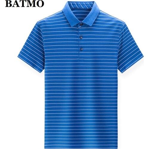 BATMO 2021 new arrival summer high quality silk polo-shirt mem,male Striped polos 3371