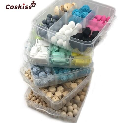 5 Boxed Wooden Teething Blending Geometric Hexagon Round Crochet Beads Wooden Teether Pacifier Clip DIY Baby Teether Toys Set