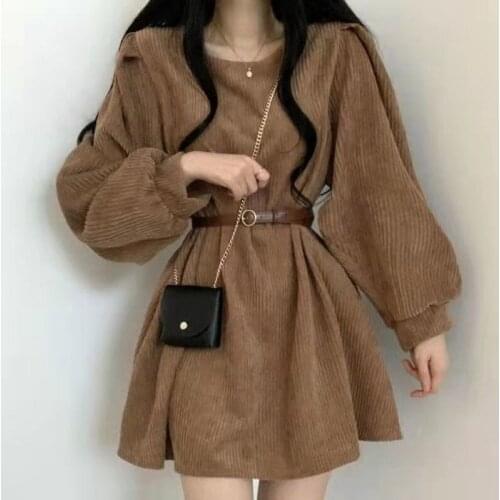 2021 autumn new womens French design corduroy loose slim dress