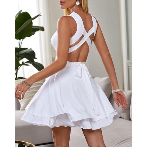 Casual Summer Holiday O Neck Sleeveless Solid White A- Line Bandage Backless High Waist Sexy Tank Dress Womens Mini Dress 2021