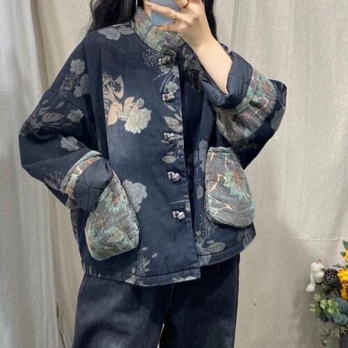 QPFJQD Ladies Printed Retro Denim Coat Padded Coat Winter Autumn Women 2021 Loose Vintage Short Coat Tops Parkas Outerwear