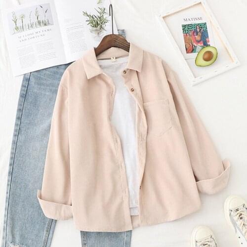 Long Sleeve Spring Ladies Solid Loose Boyfriend Style Shirt Corduroy Shirts Womens Tops And Blouses