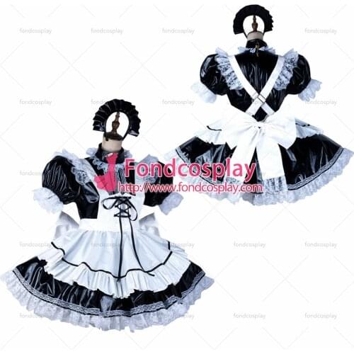 Fondcosplay adult sexy cross dressing sissy maid short black thin pvc dress lockable Uniform white apron Tailor-made[G2127]