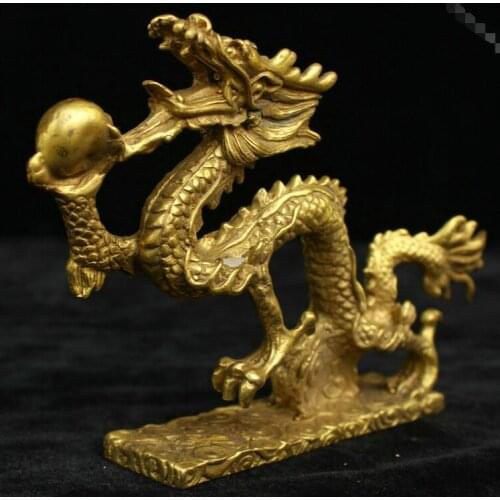 6.4" Old Chinese Yellow Bronze Feng Shui Zodiac signs Dragon Lucky Statue