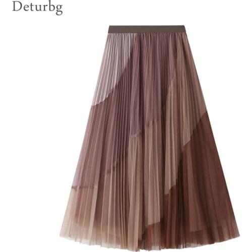 Womens Elegant 4 Color Patchwork Mesh Skirt Korean High Waist Pleated 3 Layers Tulle A-Line Midi Skirts Saias 2021 Spring Sk661