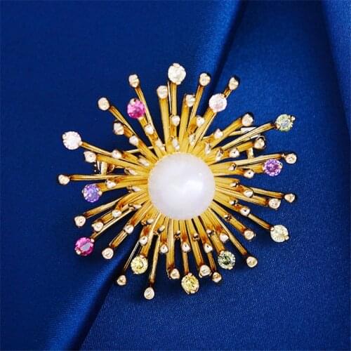 2020 New Luxury Crystal Zircon Women Gold Brooches Pins Gorgeous Fireworks Pearl Brooch Korean Wedding Jewelry broche femme