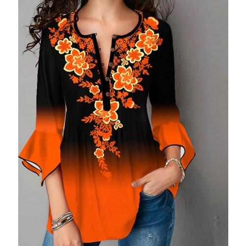 2021 Three Quarter Sleeve Vintage Plus Size Shirt Elegant Women V-Neck Tops Casual Print Pullover Blusa 5XL Oversize T-shirt