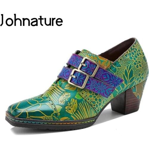 Johnature 2021 New Pumps Women Shoes Genuine Leather High Heels Hand-painted Hook & Loop Retro Print Handmade Ladies Shoes