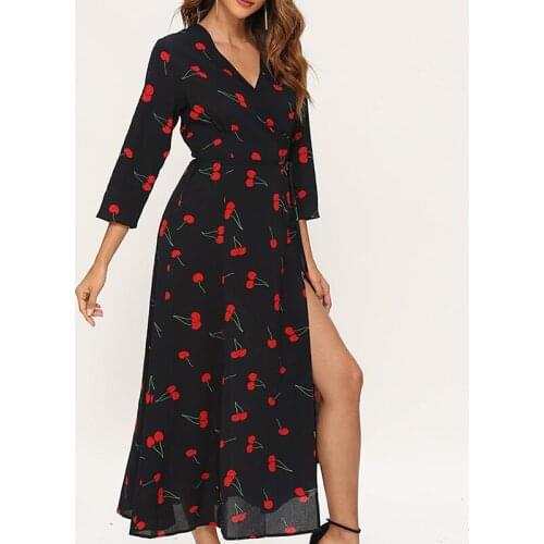 2020 Print Long Dress Women V Neck Spring Summer Dresses for Woman Three Quarter Sleeve A-ling Casual Dress