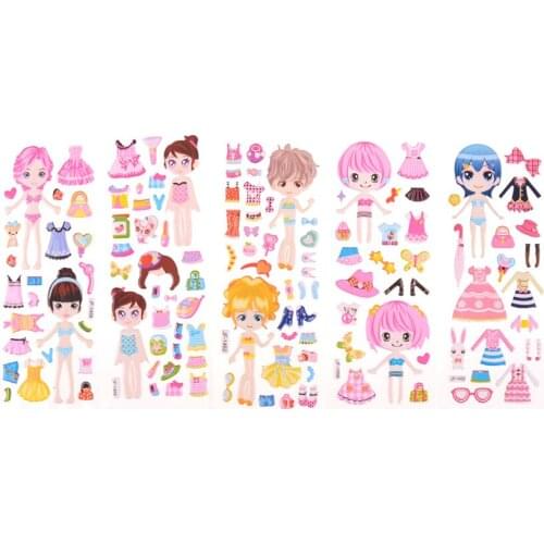 5 Sheets Dress Up Stickers Girl Changing Clothes Stickers Kids Cartoon Beauty Dress Up Little Girl Loves PVC Stickers Girl Gifts