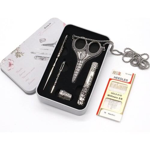 5Pcs/ Set Vintage Silver Embroidery Sewing Scissors Gift Thimble Needle Case Awl Tailors Scissors with Storage box