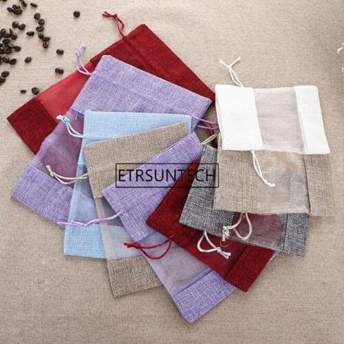 500pcs Burlap Pouches Jute Bags With Organza Window Linen Drawstring Pouch Jewelry Packing Party Wedding Favors Storage