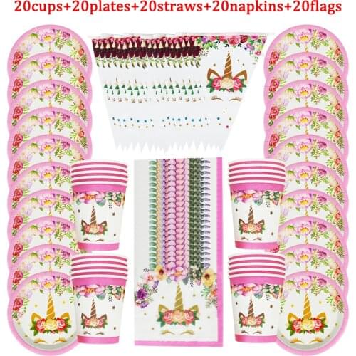 80pcs/Lot Flowers Unicorn Disposable Tableware Birthday Party Paper Cups +Plates+Napkins+Flags Sets Party Supplies For 20 Kids
