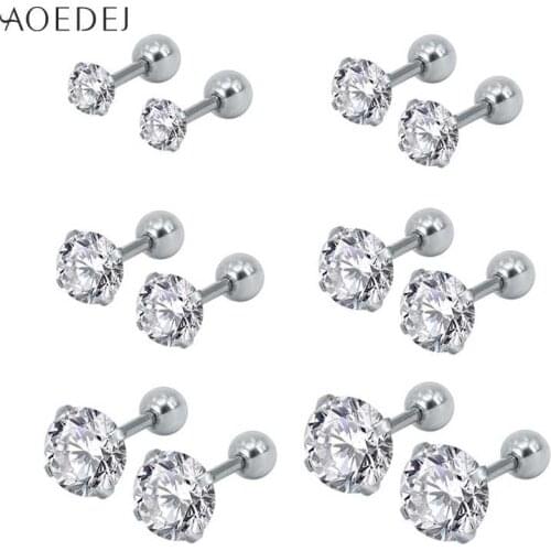 AOEDEJ 12pcs/lot Stainless Steel Stud Earrings Women Crystal Stud Earrings Round Cubic Zirconia Earrings pendientes mujer moda
