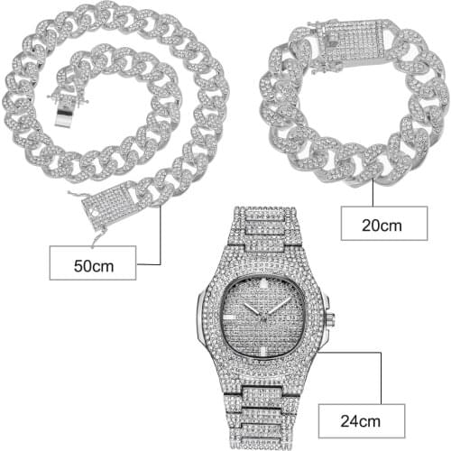 Necklace +Watch+Bracelet Hip Hop Miami Curb Cuban Chain Gold Iced Out Paved Rhinestones CZ Bling Rapper For Men Jewelry