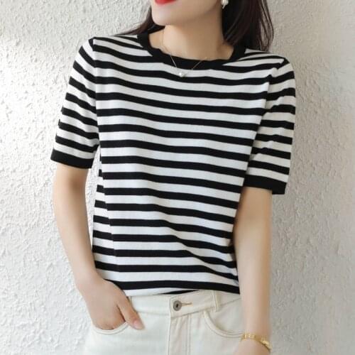 Pure cotton T-shirt women 2021 summer new round neck pullover striped knitwear plus size casual sweater short-sleeved tees hot