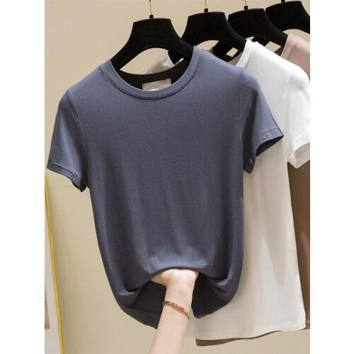 Modal short-sleeved mask t-shirt womens thin summer new white bottoming shirt ice silk round neck half-sleeved top solid color