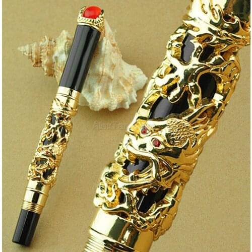 Jinhao Writing Gadget Dragon King 18KGP M Nib Fountain Pen Metal Embossing Red Jewelry on Top, Golden Drawing Refillable Ink Pen