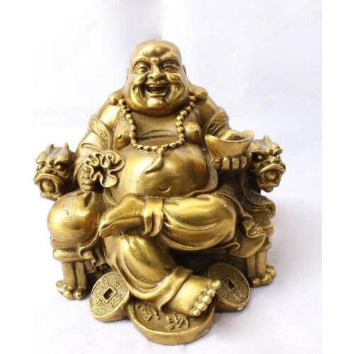 Collection Chinese Pure Copper Carved Maitreya Sit Chair Furnishing Articles Laughing Buddha Statue Exquisite Small Gift