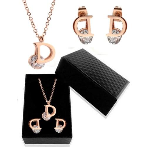 316L Stainless Steel D Letter Inlaid Crystal Titanium Steel Necklace Earrings Set, Rose Gold Non-fading Ladies Jewelry Set