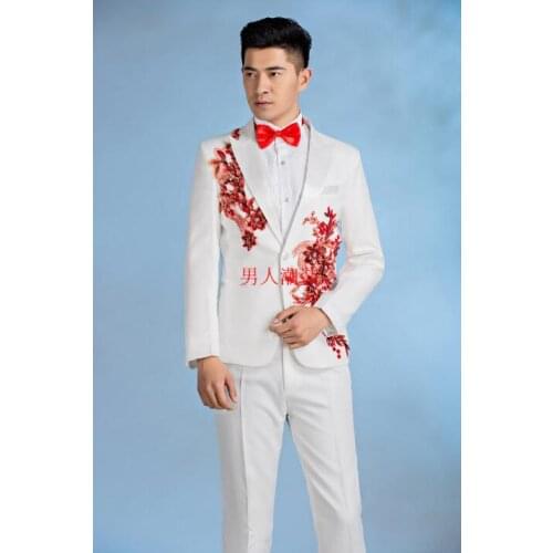 Red white black blue 2020 new arrival slim men sequins suit set with pants mens suits wedding groom formal dress suit + pant