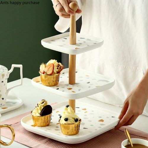 Square Ceramic Plate Dinner Plate Western Steak Plates Fruit Tray Double Layer Cake Stand Three-layer Snack Tray Dessert Plates