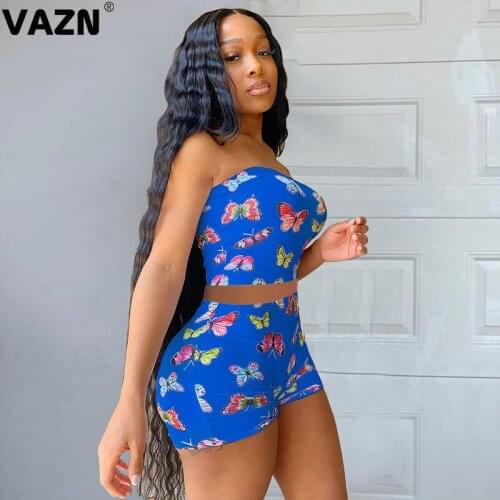 VAZN Young fashion 2020 summer sexy lady 3 colors 2-piece short set strapless short tops skinny shorts set butterfly print sets