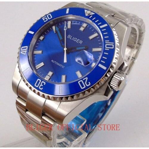 Fashion BLIGER Mens Watch Blue Dial Sapphire Glass Auto Date 43mm Brushed Case Mental Strap Automatic Movement