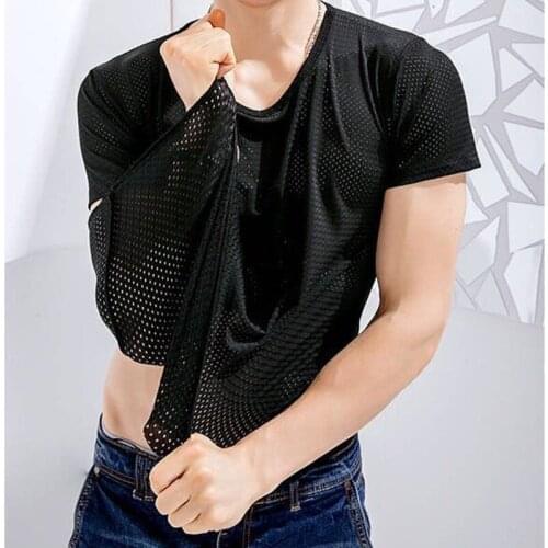 Men T Shirt 2021 New Ice Mesh Hole Short Sleeve Thin Mens Clothing Casual Daily O-Neck Summer Solid Tops Tees White Black Grey