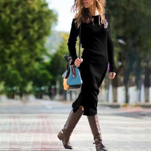 New Womens Winter Elegant O Neck Dresses Casual Solid Long Sleeve Split Mid-calf Length Dress Female Clothes Vestidos Verano