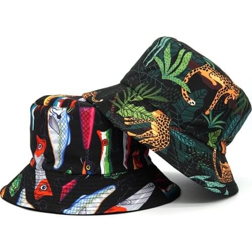 Luxury Leopard Fish Print Fisherman Hat Womens Outdoor Cotton Bucket Hats For Men Panama Hip Hop