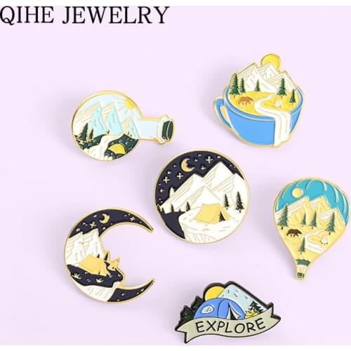 Outdoors Adventure Landscape Enamel Pin Moon Balloon Mountain Brooches Anime Backpacks Lapel Pin Badge Jewelry Gift for Friends