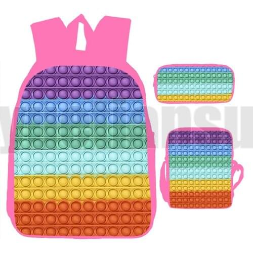 Pink POP It Backpack Family Games 3D Print Rainbow Color Push Bubble Anime Teenager Girls Laptop Schoolbags Pop Fidget 3 Pcs/Set