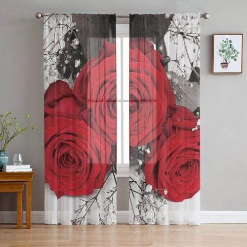 Red Rose Flower Modern Curtains For Living Room Transparent Tulle Curtains Window Sheer For The Bedroom Accessories Decor