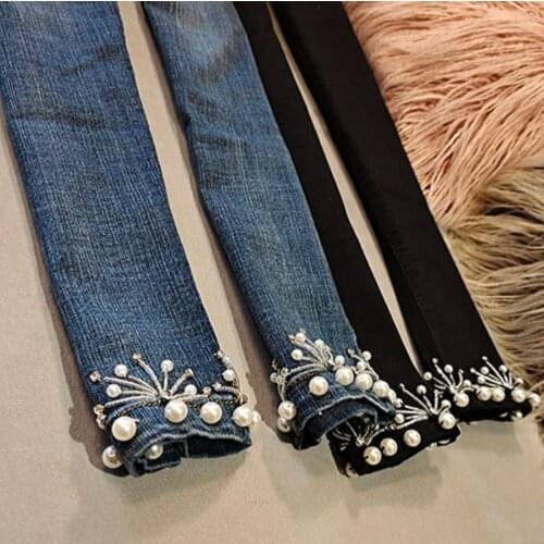 Heavy industry luxury beaded rhinestone pearl jeans women high-waisted ankle length skinny pencil jeans plus size