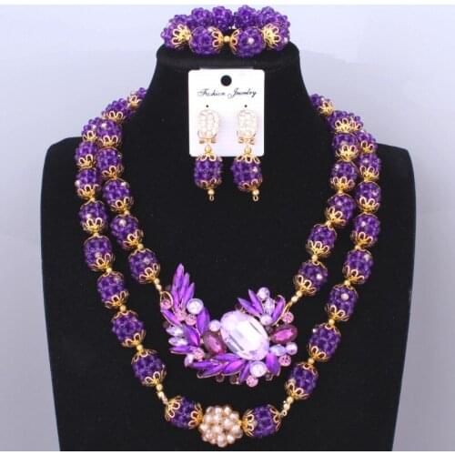 Vintage Purple Tiered Necklace Jewelry Set Dubai Party With Brooch Bridal Wedding Balls Beads Bracelet Necklace Jewelry Set