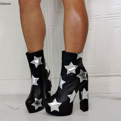 Olomm 2020 Handmade Women Platform Ankle Boots Square High Heels Round Toe Elegant Black Party Shoes Women Plus US Size 5-15