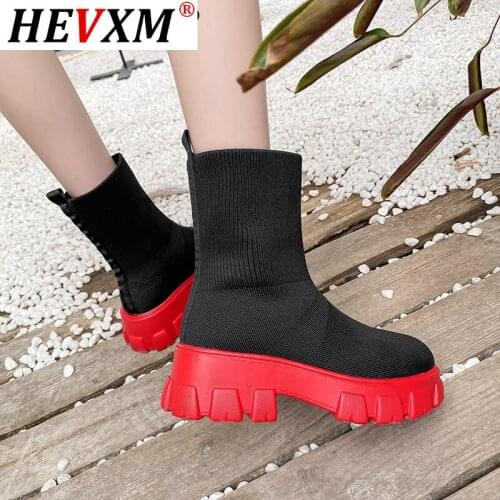 2021 Red Chunky Sole Platform Sock Boots Stretch Fabric Shoes Women Mid-Calf Thick Heel Chelsea Biker Booties Large size 35-43
