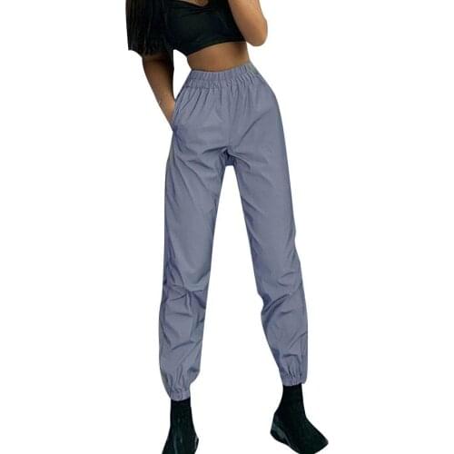 Women Pants High Waist Baggy Reflective Long Pants Elastic Waist Ankle Tie Trousers Womens Clothing Streetwear Pants