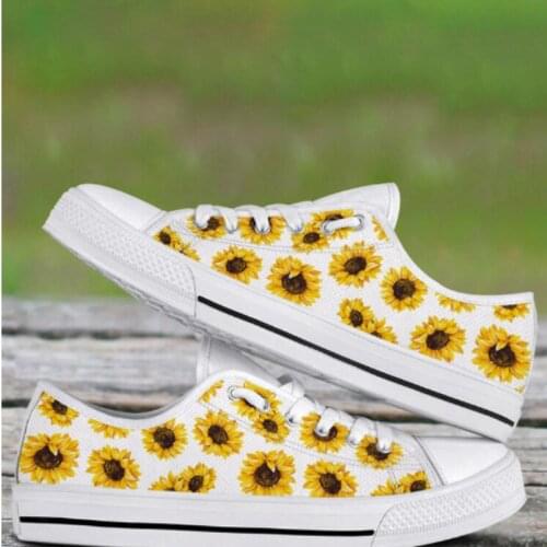 Casual Shoes Ladies Flats Woman Yellow Floral Brand Design Sunflower Print Classic White Vulcanize Canvas Shoe Female